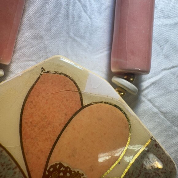 Vintage Handmade porcelain & bead Necklace With Floral Pendant From Japan - Picture 8 of 11